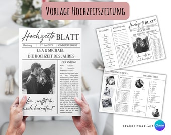 Hochzeitszeitung, editierbare Vorlage, Canva Template, personalisierte Hochzeitszeitung, deutsche Vorlage Hochzeitszeitung, zum Ausdrucken