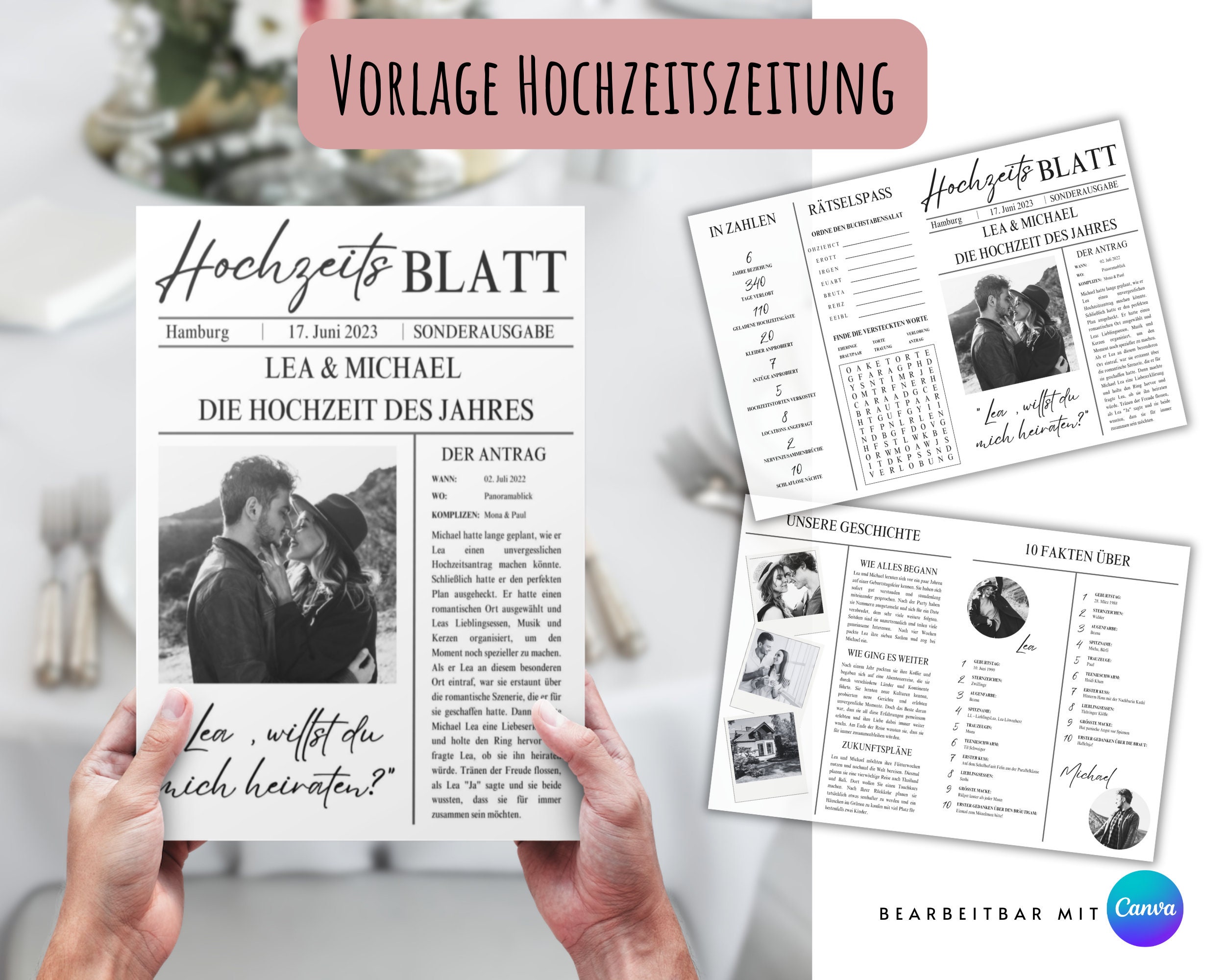 Hochzeitszeitung, editierbare Vorlage, Canva Template, personalisierte