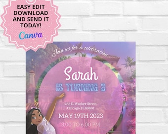 Op de afbeelding: Een gepersonaliseerde uitnodigingskaart met een cartoonillustratie van een meisje in een paarse jurk. De uitnodiging bevat de tekst "Sarah wordt 2" en evenementdetails. De kaart wordt door een hand vastgehouden en bevat het Canva-logo.