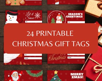 Puede incluir: Un conjunto de 24 etiquetas de regalo de Navidad imprimibles. Las etiquetas presentan diseños festivos como un hombre de jengibre, un muñeco de nieve, Papá Noel y un árbol de Navidad. Cada etiqueta tiene espacio para escribir "Para:" y "De:" sobre fondo rojo.