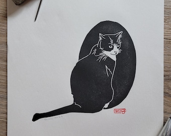 Original Linocut Print - Tuxedo Cat