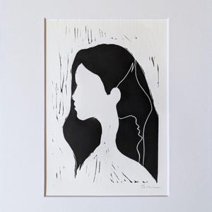 Linocut Print of Female Silhouette – Hand-Carved, Minimalist Art