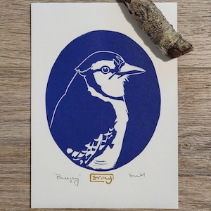 Original Linocut Print - Bluejay | Linoleum Block Print | Bird Art | Handmade Art