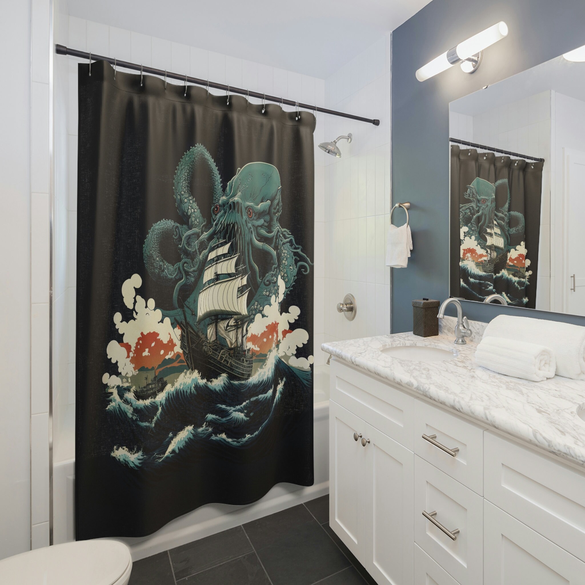 Kraken Sea Monster Art Shower Curtain, Bath Mat, Vintage Monster of the ...