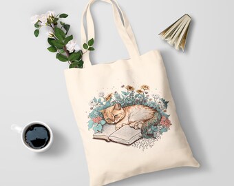 Florale Katzenbuch-Liebhaber-Stofftasche - Große Baumwolltasche