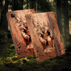 Étui Sasquatch Bigfoot pour iPad - Cadeau cryptide, impression à plat Illusion 3D, Magsafe. Étui portefeuille en cuir végétalien, protection 360, type portefeuille