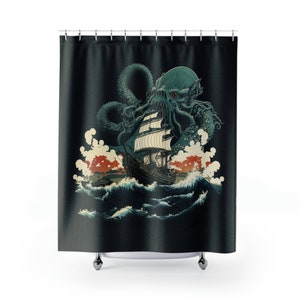 Kraken Sea Monster Art Shower Curtain, Bath Mat, Vintage Monster of the Sea, Ukiyo-e Inspired Art, Cool Bathroom Decor