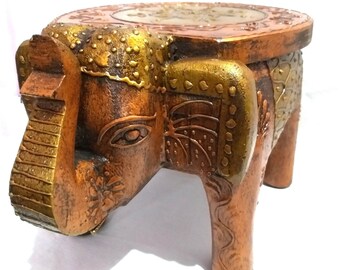 Tabouret éléphant en bois, table d'appoint, bout de canapé, repose-pieds, ottoman, pouf, banc, style ethnique indien, peint à la main