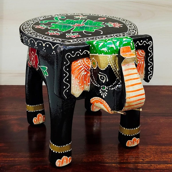 Wood Decorative Rajastani Hand Painted Elephant Stool | Rajasthani Home Decor Handicrafts | Home Decorative Items in Living Room, Bedroom.