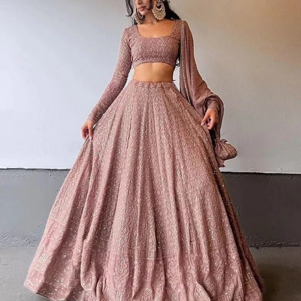 Lehenga Choli mauve pour femme, Lucknowi Work Designer Lehenga Choli, Lehenga Choli surpiqué, Chemisier Lehenga, Prêt-à-porter, Vêtements de mariage