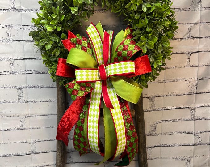 Christmas Red and Green Harlequin Wreath Bow with other Coordinating Ribbon – Holiday Decor, Designer Ribbon
