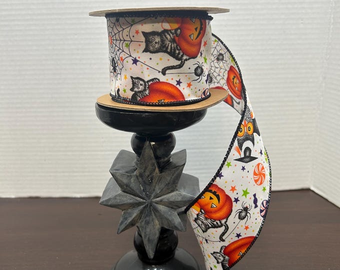 Halloween Friends on White Ribbon,  Halloween Ribbon