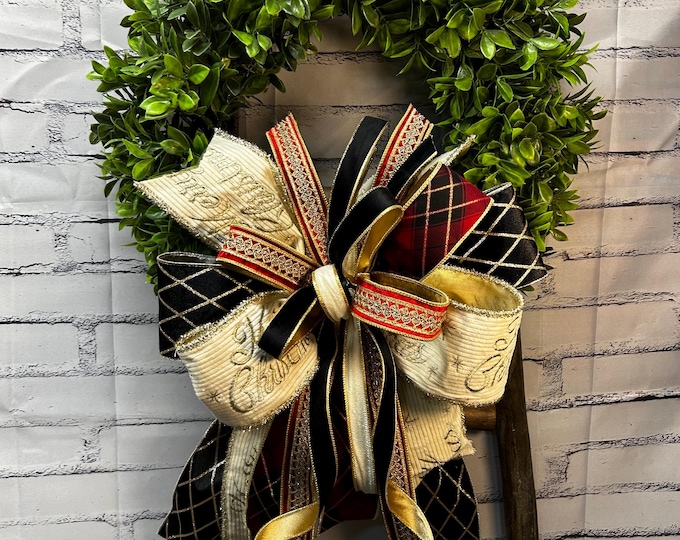 Christmas Black, Red  and Cream Jewel Wreath Bow with variety of Ribbon – Holiday Decor, Designer Ribbon, 4”  Ribbon