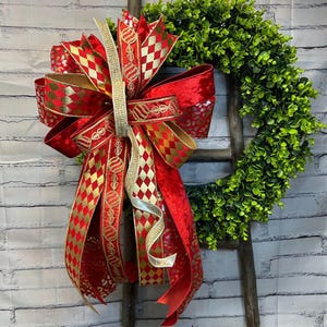 Christmas Classic Red Wreath Bow with a Red and Gold Harlequin Ribbon – Holiday Decor, Designer Ribbon, 4”  Ribbon