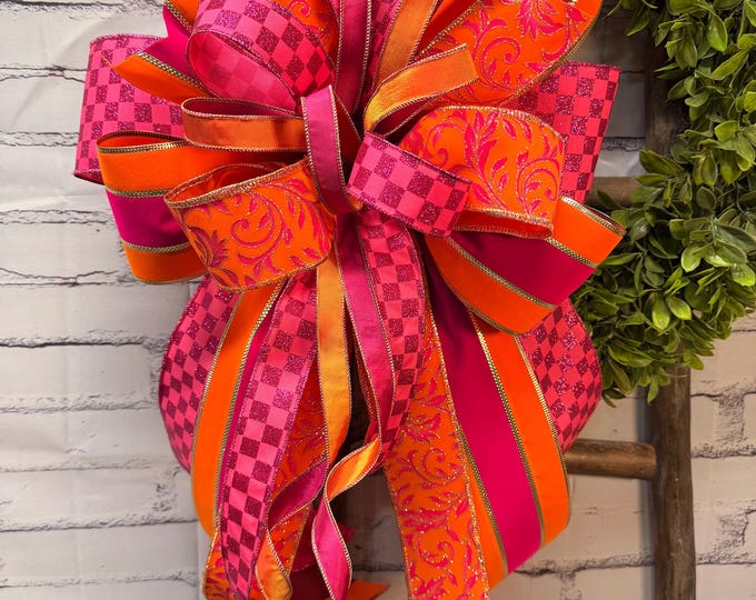 Fall Wreath Bow: Pink and Orange Bow, with other coordinating ribbon, Designer Ribbon