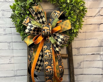 Fall Natural Colors Wreath Bow with Mushroom Ribbon and other Coordinating Ribbon – Autumn Decor, Designer Ribbon
