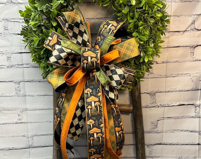 Fall Natural Colors Wreath Bow with Mushroom Ribbon and other Coordinating Ribbon – Autumn Decor, Designer Ribbon