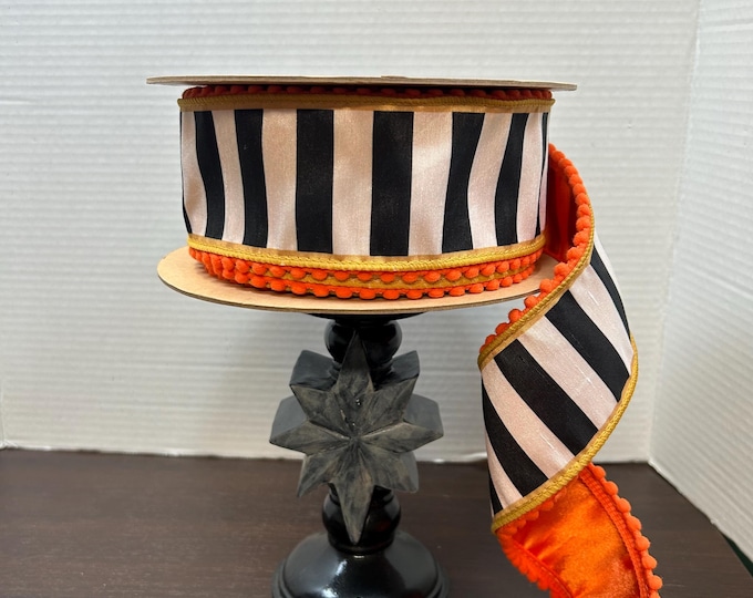 Fall - Halloween Ribbon, Wired Dupioni Ribbon, Black/White Stripe with Cold and Orange Pom Poms
