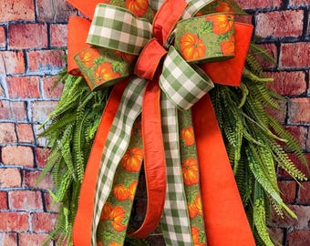 Fall Wreath Bow: Orange, green plaid, pumpkins and other coordinating ribbon