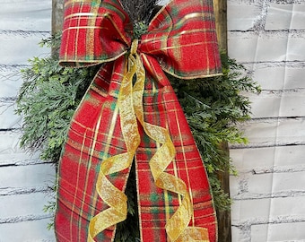 Christmas Faux Greenery Swag with a 5” Simple Plaid Bow. Clip Bow