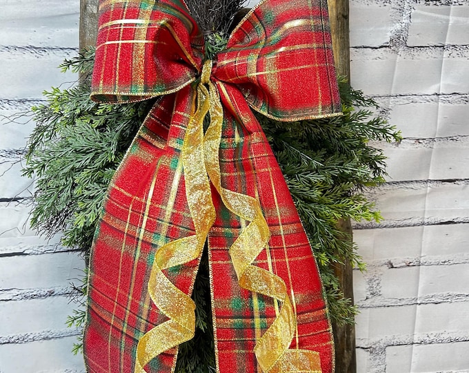 Christmas Faux Greenery Swag with a 5” Simple Plaid Bow. Clip Bow