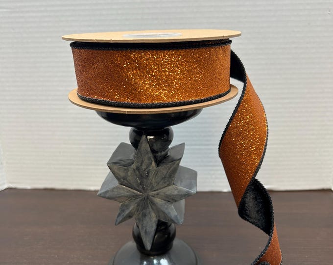 Orange Velvet Ribbon, Black with Orange Glitter Backing, Designer Ribbon, Halloween Ribbon