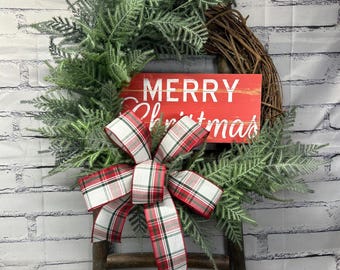 Christmas Wreath and Bow Combo - Red Plaid Ribbon Bow– Holiday Decor, Christmas Wreath