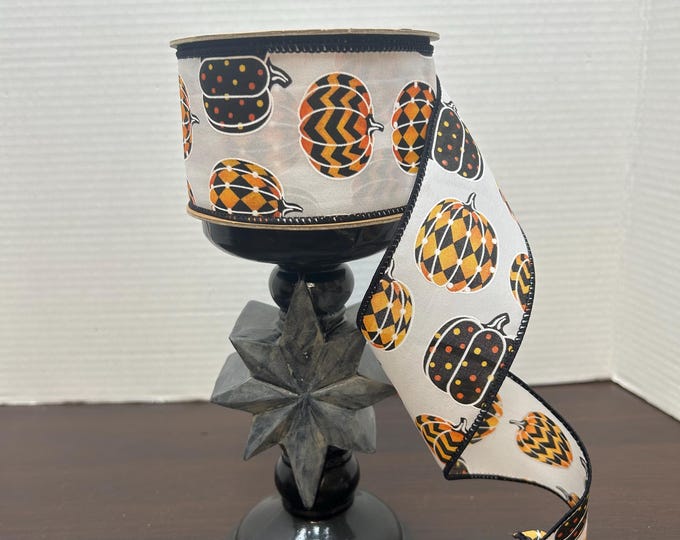 Pumpkin Ribbon, Black and Orange Pumpkin on White Ribbon, Halloween Ribbon