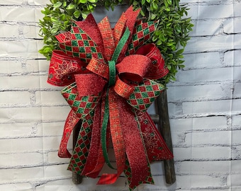 Christmas Red and Green Harlequin Wreath Bow with variety of Ribbon – Holiday Decor, Designer Ribbon