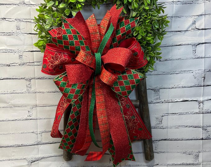 Christmas Red and Green Harlequin Wreath Bow with variety of Ribbon – Holiday Decor, Designer Ribbon