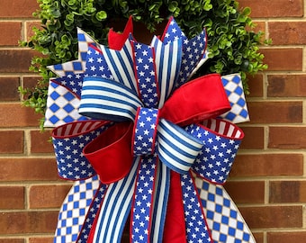 Lazo de cinta patriótica estadounidense – Decoración de corona roja, blanca y azul, cinta de diseño de 4 pulgadas 1