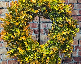 Fall Boxwood Wreath, Fall Color Greenery Front Door Decor, Faux Boxwood Wreath
