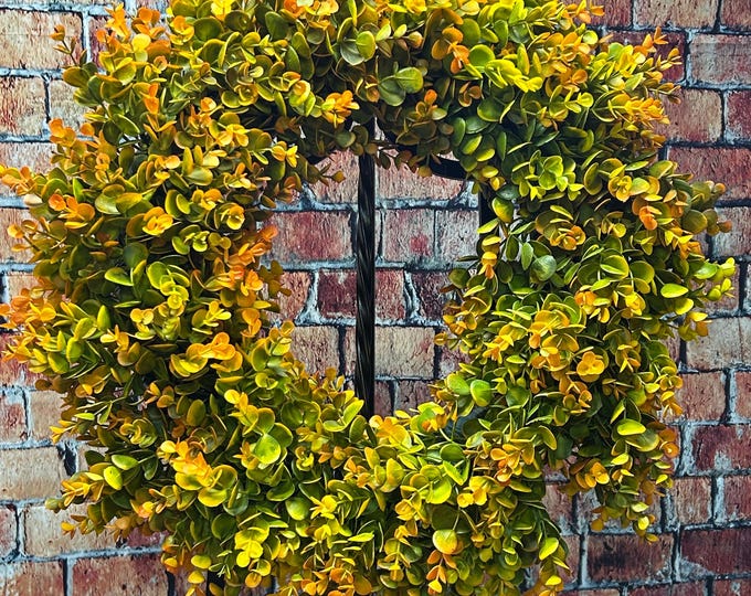 Fall Boxwood Wreath, Fall Color Greenery Front Door Decor, Faux Boxwood Wreath
