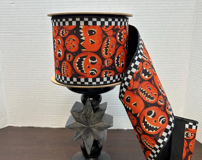 Jack-o-Lanterns and Check Edging with Black Backing, Designer Ribbon, Halloween Ribbon