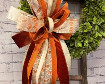 Fall orange velvet and cream Pumpkin Bow with other Coordinating Ribbon – Autumn Decor
