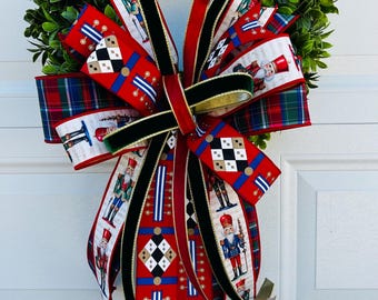 Christmas Nutcracker Wreath Bow with Red, Green and Blue Plaid Ribbon – Holiday Decor, Designer Ribbon