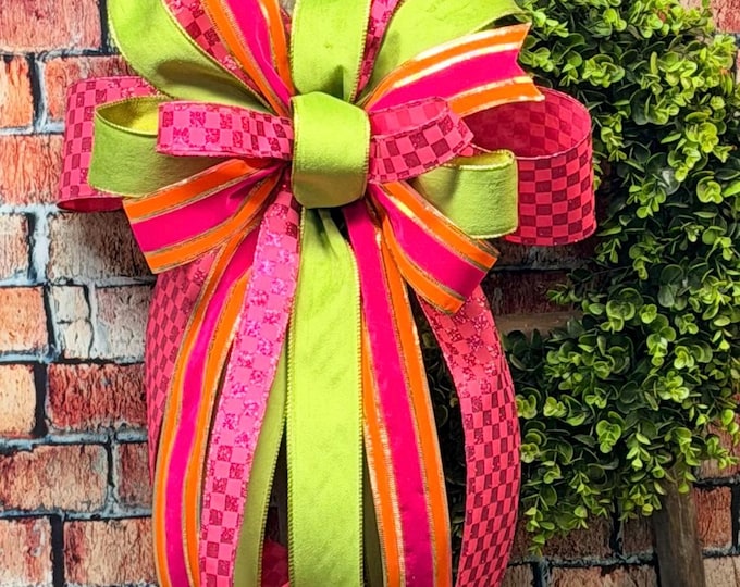 Fall Wreath Bow: Pink and Orange Bow, with green and other coordinating ribbon, Designer Ribbon