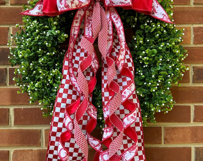 Red Chinoiserie Wreath Sash, D. Steven Designer Bow, Taffeta Acanthus Scroll Ribbons
