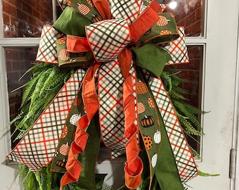 Designer Fall Wreath Bow: Orange, Green Plaid Ribbon Accent and Pumpkin Ribbon