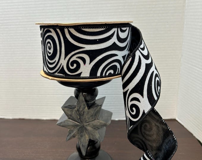 Halloween Glittered Ribbon with Black Backing, Black and White Swirl Ribbon