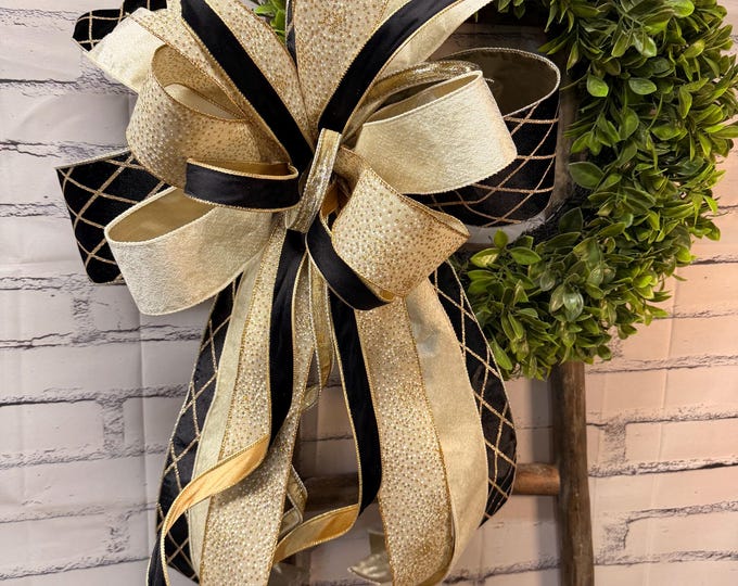 Holiday through Winter Black/Gold and Cream Wreath Bow  – Holiday Decor, Designer Ribbon, 4”  Ribbon
