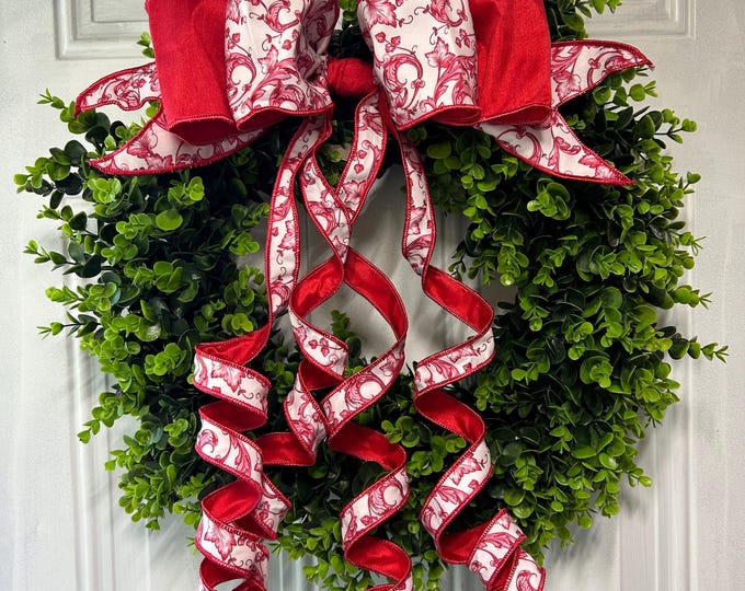 Red Chinoiserie Wreath Bow, D. Steven Designer Bow, Taffeta Acanthus Scroll Ribbons