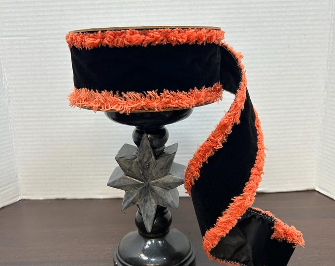 Fall - Halloween Ribbon, Black with Orange Fuzzy Edge Ribbon, Designer Ribbon