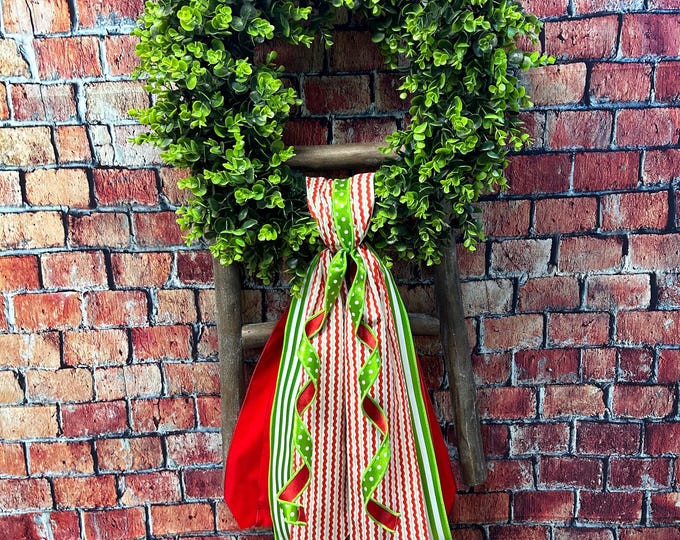 Holiday Wreath Sash, Red, White and Lime Green Ribbons, Handmade Home Decor, Personalization Available and Handmade Sash