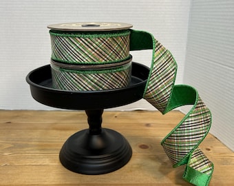 Glitter Diagonal Archer Plaid, Green, White and Black, Christmas Ribbon, St. Patrick Ribbon, Holiday Ribbon