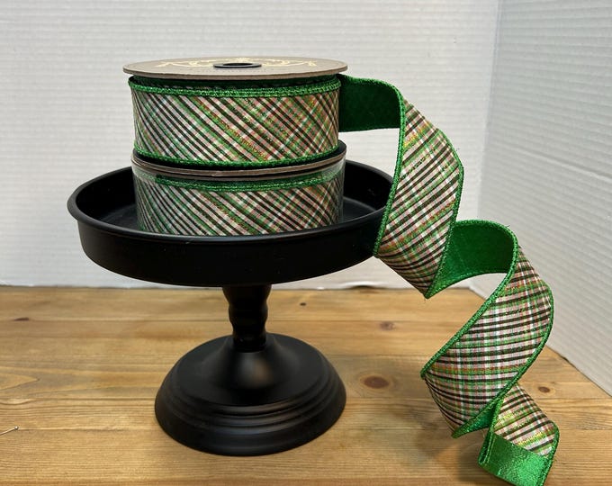 Glitter Diagonal Archer Plaid, Green, White and Black, Christmas Ribbon, St. Patrick Ribbon, Holiday Ribbon