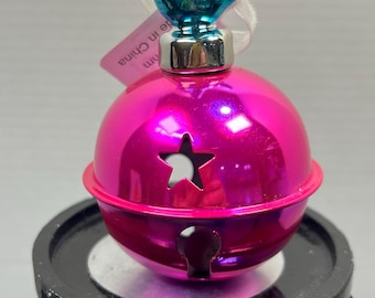 Metal Jingle Bell with a Porcelain Bird Cap, Fuchsia and Teal Color, Tree Ornament