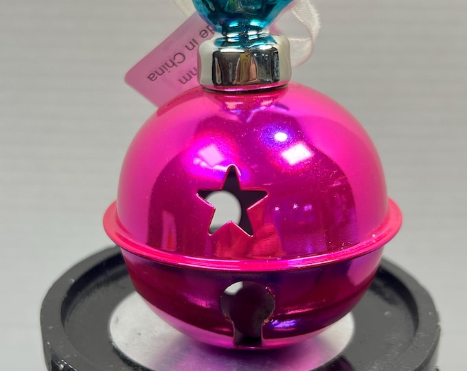 Metal Jingle Bell with a Porcelain Bird Cap, Fuchsia and Teal Color, Tree Ornament