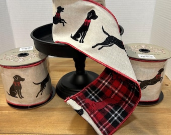 Black Labrador with a Red Bow, Red Plaid Back, Natural Backing, Embroidery Designer Ribbon, D Steven Ribbon