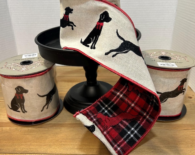 Black Labrador with a Red Bow, Red Plaid Back, Natural Backing, Embroidery Designer Ribbon, D Steven Ribbon
